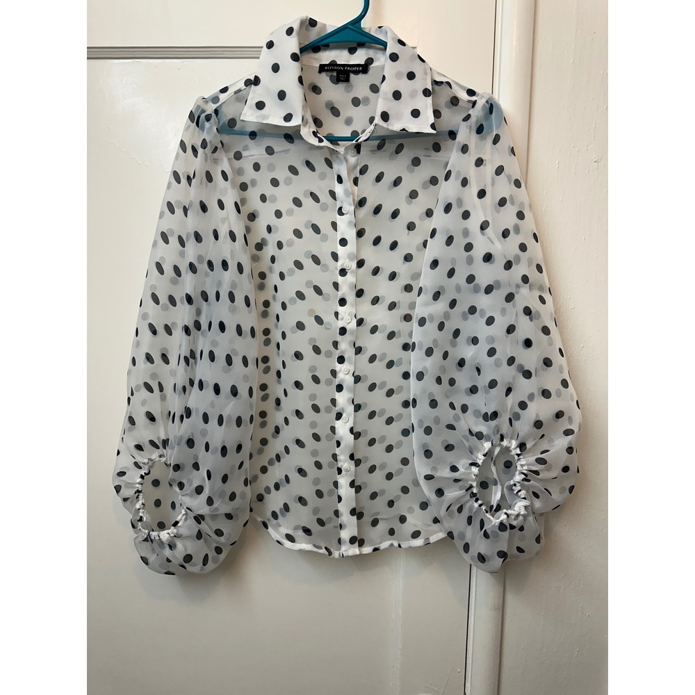 Boston‎ Proper Women White Black Polka Dot Sheer Balloon Sleeve Blouse Size S